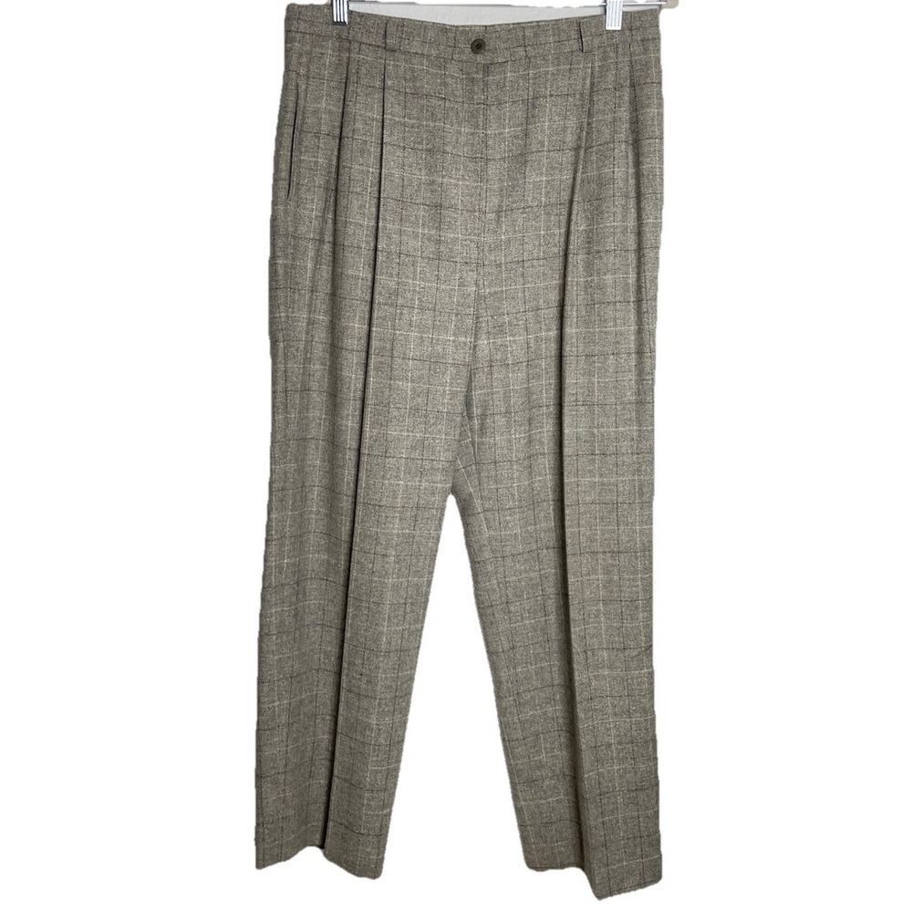 Bernard Zins Paris Gray Plaid‎ Wool Silk Blend High Waist Pleated  Pants Size 12